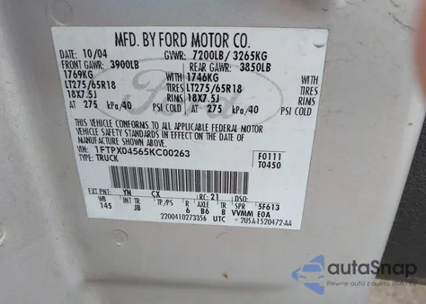 2005 Ford F-150 Fx4/Xlt из США, поврежденный, VIN 1FTPX04565KC00263